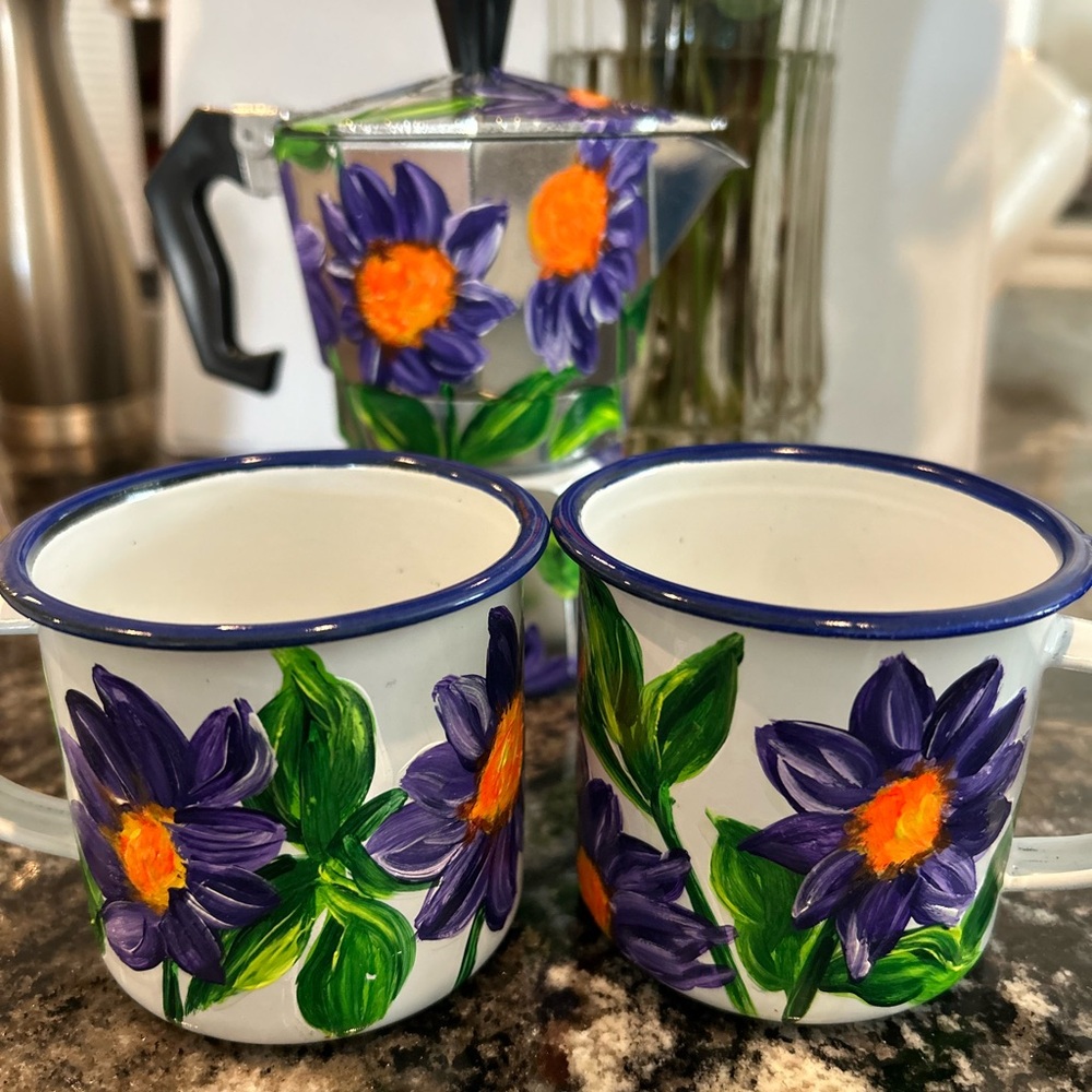 Hand Painted Floral Enamel Mug and Coffee Pot Set